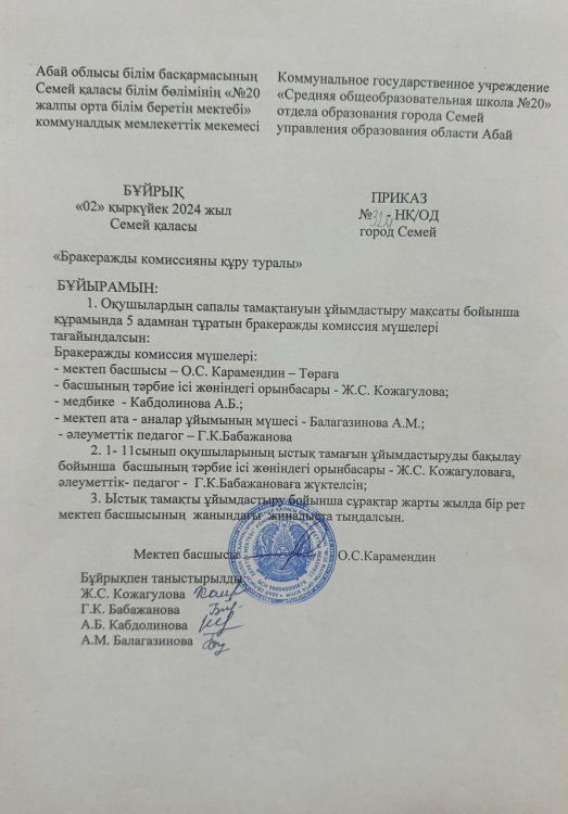 Приказ о создании бракеражной комиссии