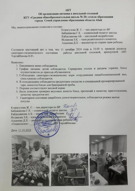 Акт об организации питания в школьной столовой