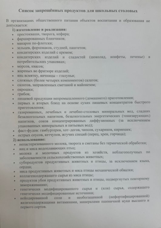 Список запрещенных продуктов