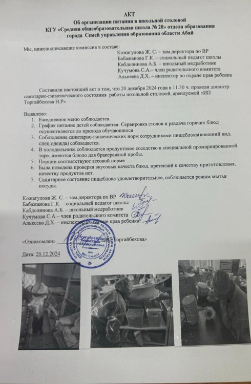 Акт об организации питания в школьной столовой